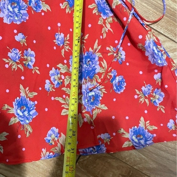 Zara Red Floral Long Sleeve Wrap Dress Cocktail Blue Flowers Waist Tie Light - Picture 4 of 7